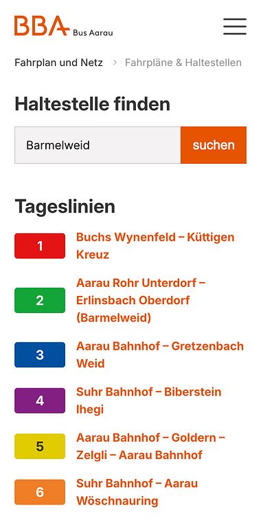 Website von Bus Aarau: Haltestelle finden
