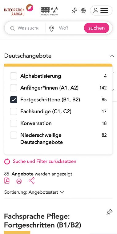 Integration Aargau: Screenshot der Website (Mobile)