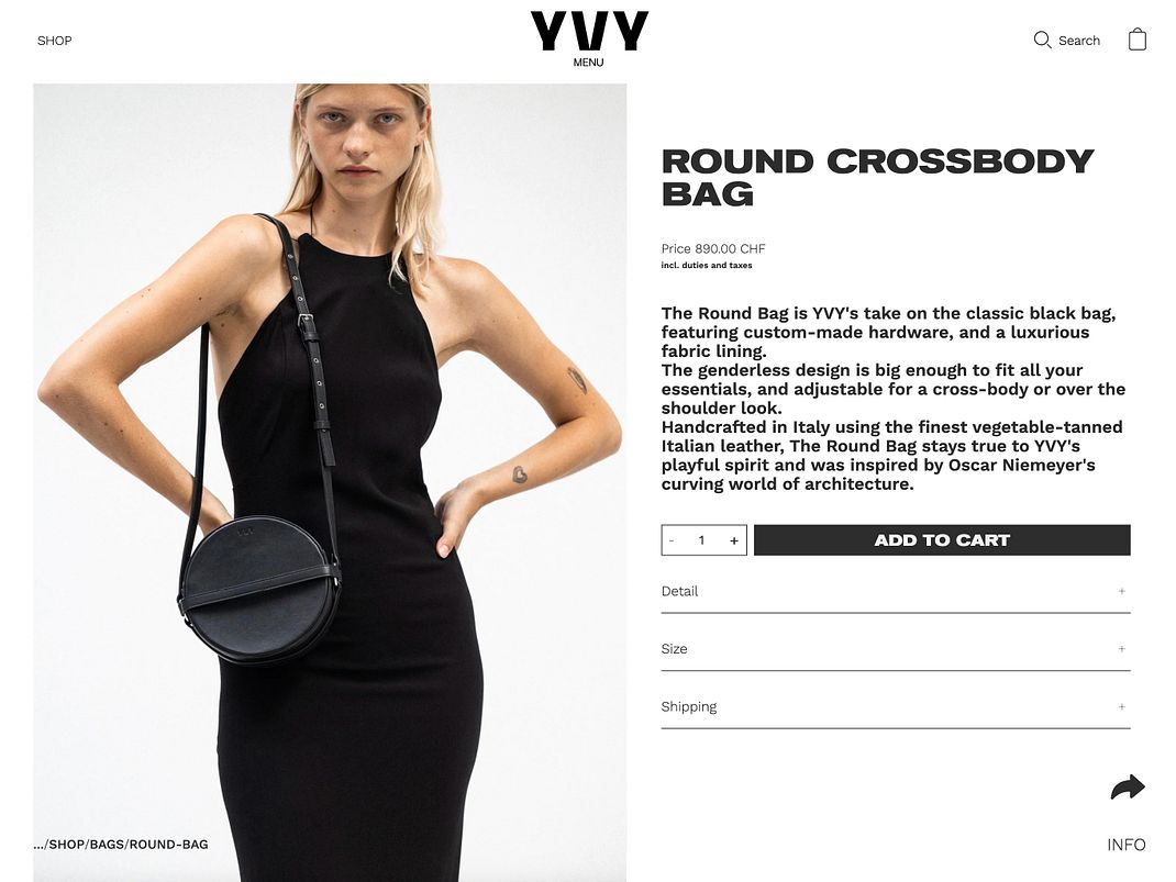 Screenshot Website YVY: Shop mit Round Crossbody Bag