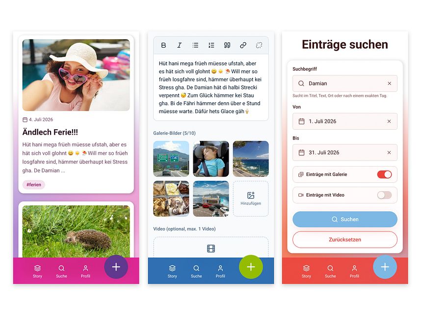3 Smartphone-Screens der Webapp MemoryBox